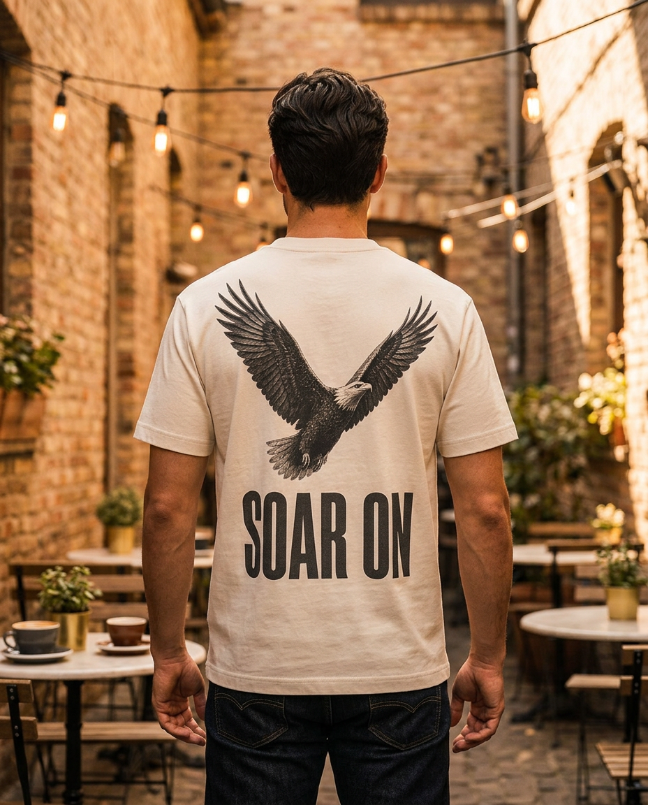 Man in a warm café courtyard at golden hour wearing the cream SOAR ON tee