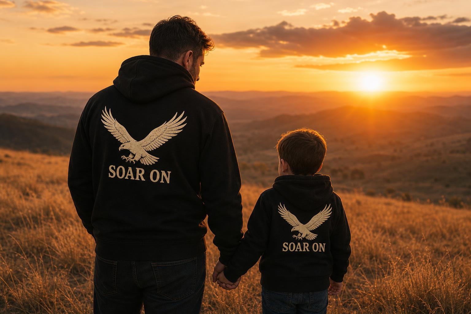 Father and young son holding hands at sunset, seen from behind, wearing matching black SOAR ON hoodies